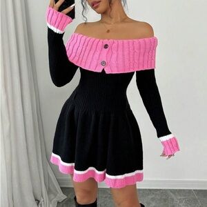 🍒Pink and Black Off-Shoulder Sweater Dress